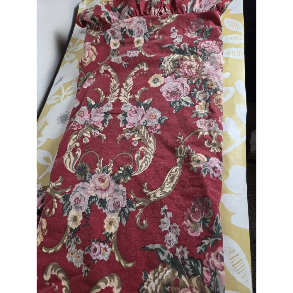 Vtg Ralph Lauren Marseilles Danielle Queen Red Floral Ruffled Flat Sheet